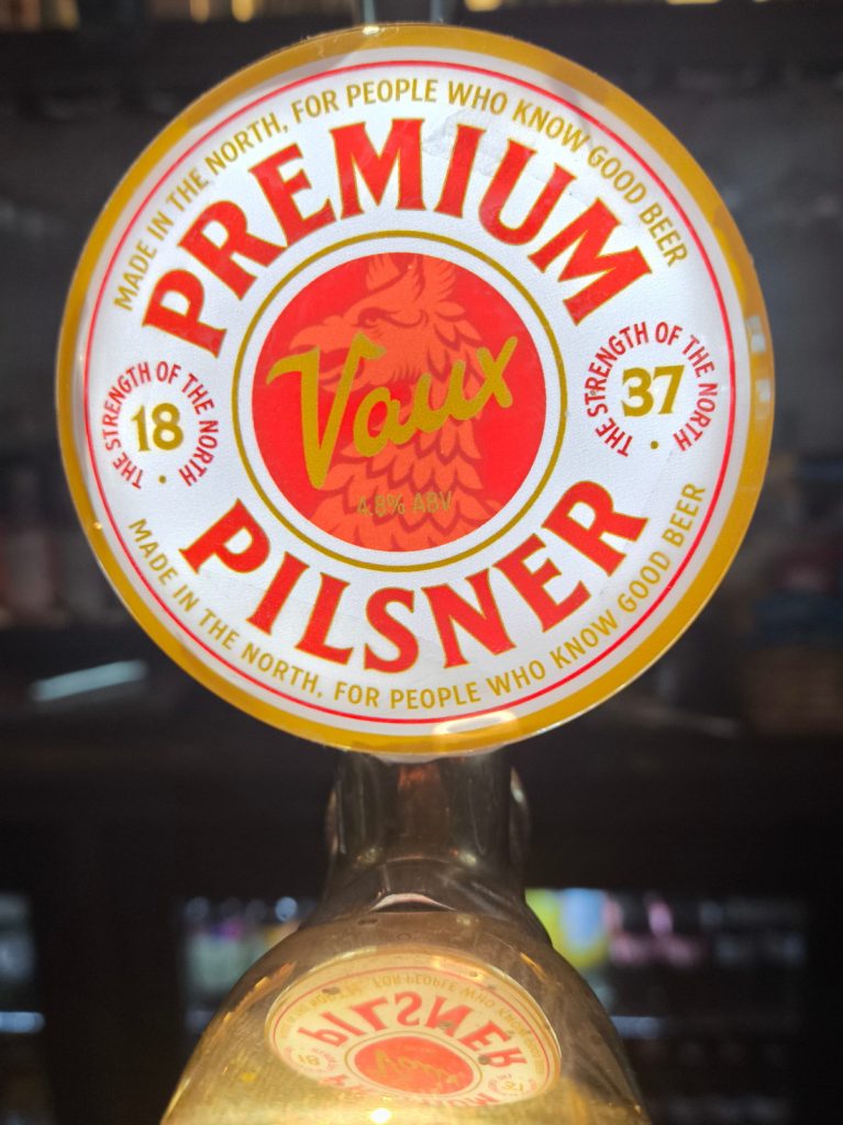 Beer pump for Vaux Premium Pilsner at The Waiting Room, Durham Railway Station.