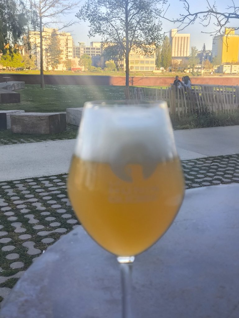 A tulip glass of craft beer at La Huninguoise in Huningue France with the Rhine river and Germany in the background