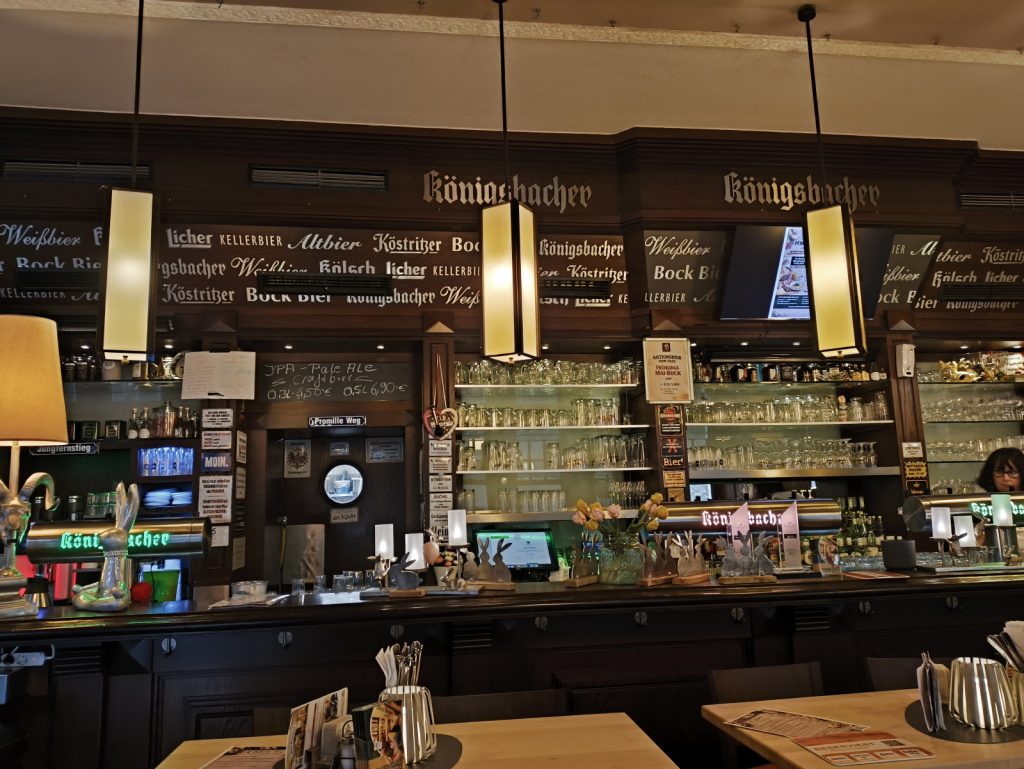 The bar of the Altes Brauhaus in Koblenz Germany showing bar back and lighting