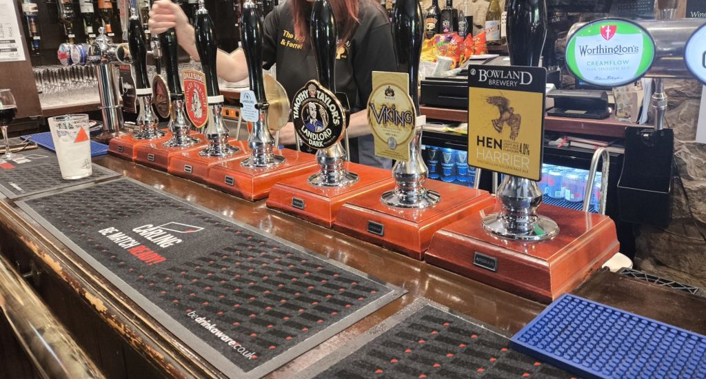 The extensive range of real ales on show at the Frog And Ferret Pub at Spennymoor, County Durham.