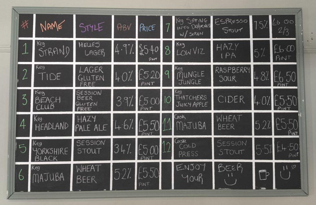 The beer board at the Corner House, Darlington showing the extensive range of craft ales and ciders.