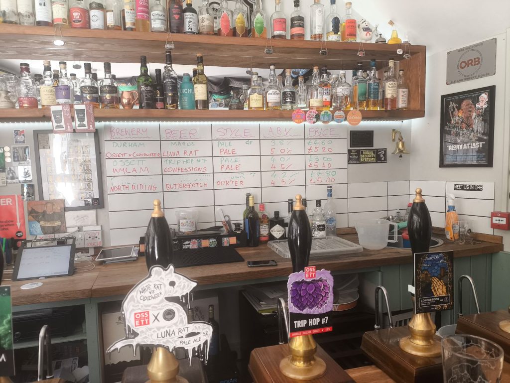 The bar at the ORB Micropub, Darlington with cask ales, spirits and the beer menu.