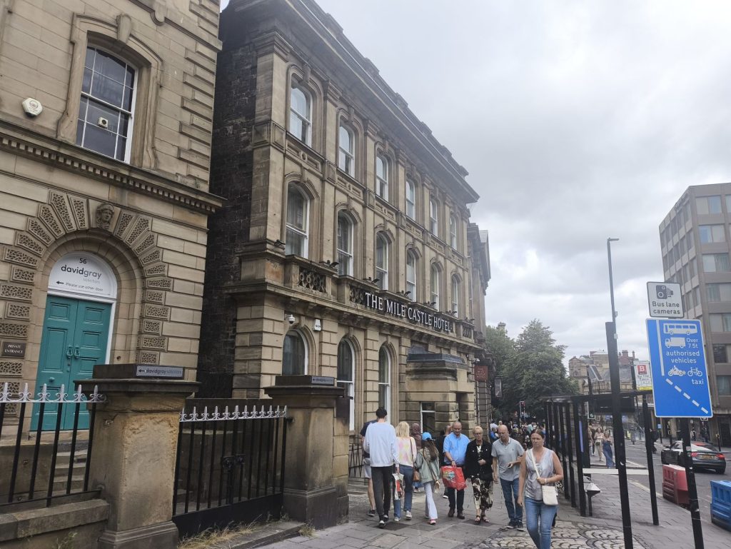 The heritage exterior of the Mile Castle Super Spoons Wetherspoons at Newcastle.